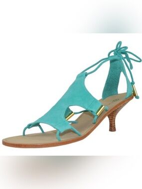 Trina Turk Evelyn Turquoise Suede Kitten Heel Lace Up Gladiator Sandals 6 1/2